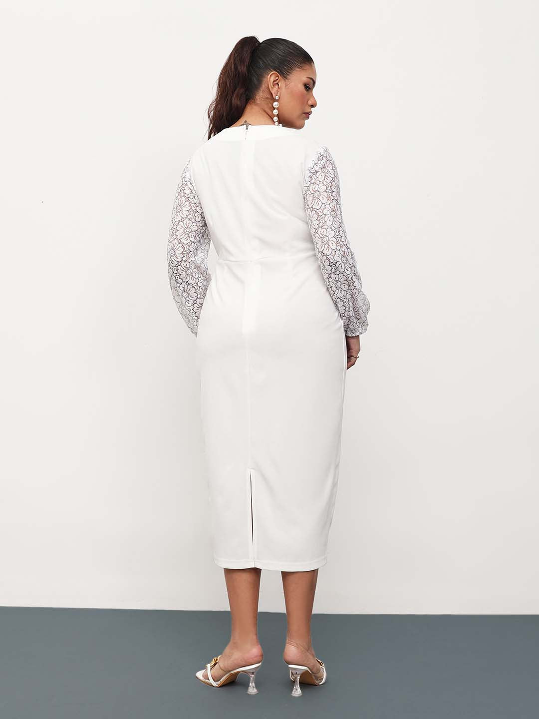 White Square Neck Lace Sleeves Bodycon Midi Dress-SASSAFRAS Curve