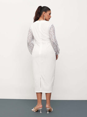 White Square Neck Lace Sleeves Bodycon Midi Dress-SASSAFRAS Curve