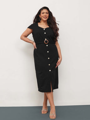 Black Button Down Belted Bodycon Midi Dress-SASSAFRAS Curve