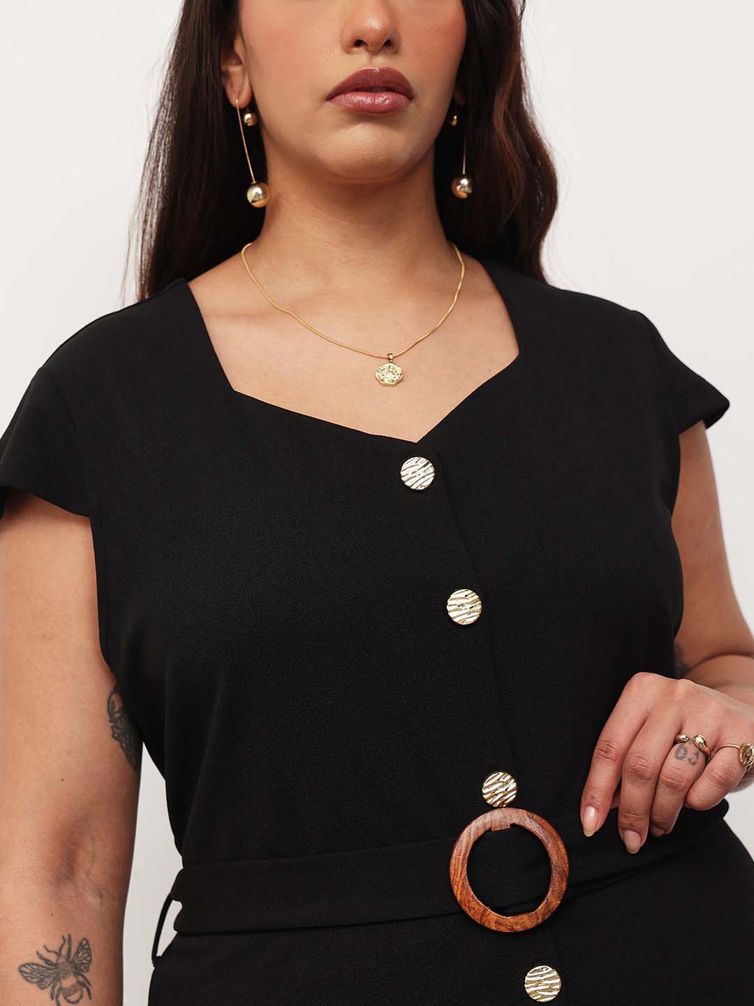 Black Button Down Belted Bodycon Midi Dress-SASSAFRAS Curve