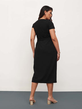 Black Button Down Belted Bodycon Midi Dress-SASSAFRAS Curve