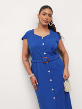 Cobalt Blue Button Down Belted Bodycon Midi Dress-SASSAFRAS Curve