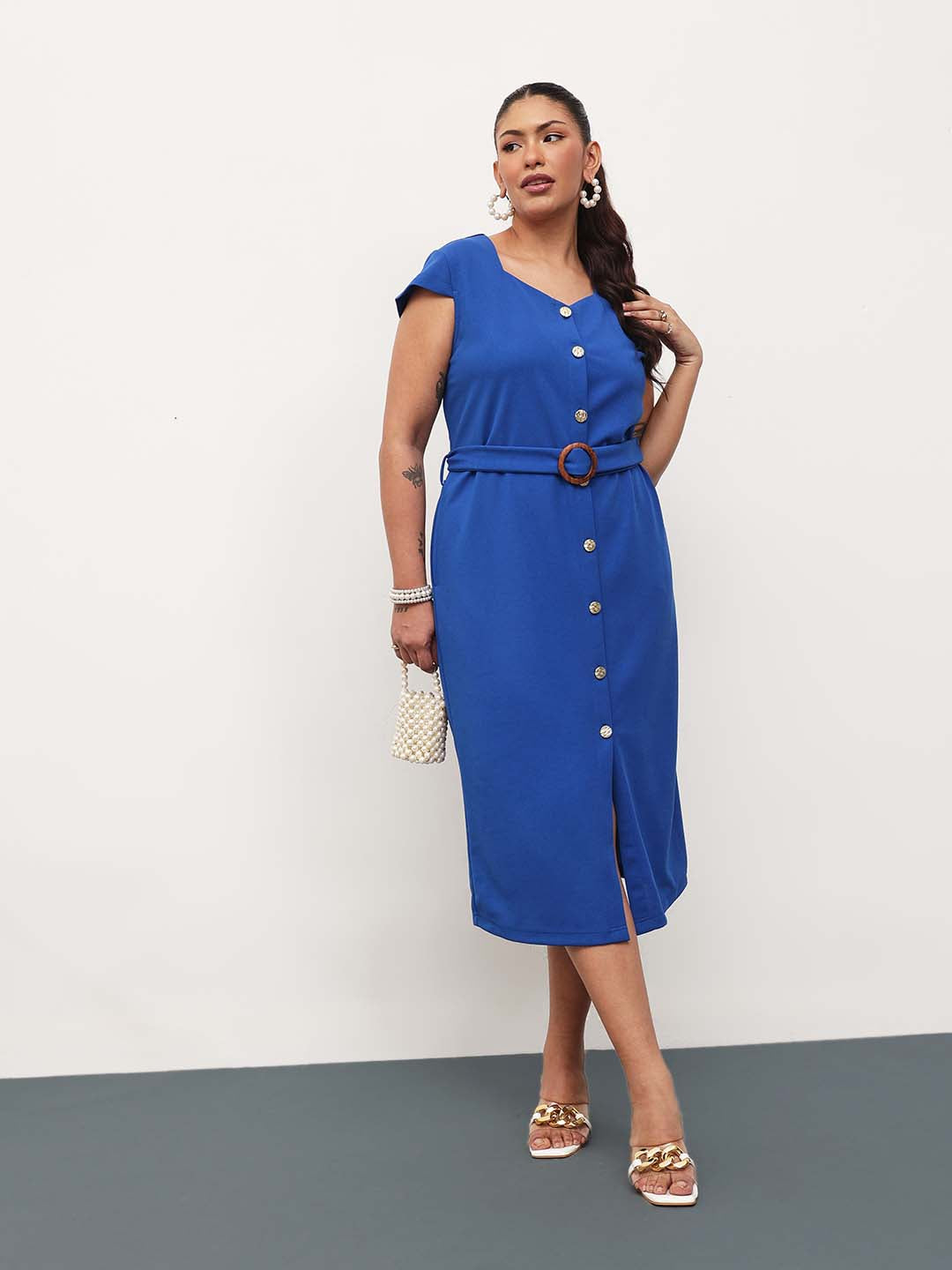 Cobalt Blue Button Down Belted Bodycon Midi Dress-SASSAFRAS Curve
