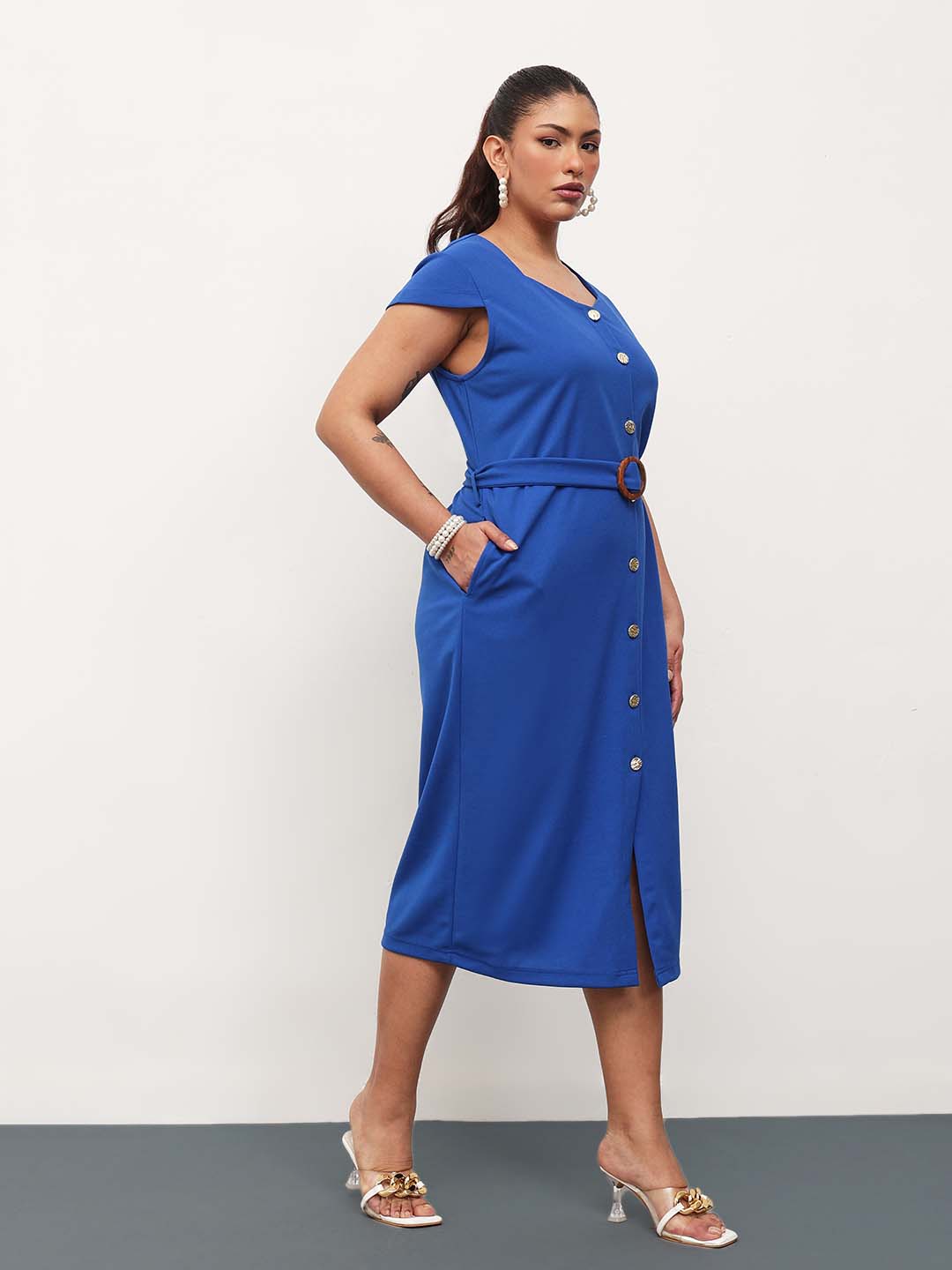 Cobalt Blue Button Down Belted Bodycon Midi Dress-SASSAFRAS Curve