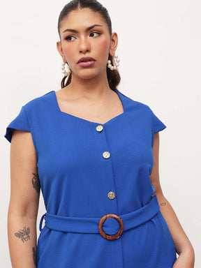 Cobalt Blue Button Down Belted Bodycon Midi Dress-SASSAFRAS Curve