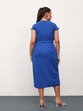Cobalt Blue Button Down Belted Bodycon Midi Dress-SASSAFRAS Curve