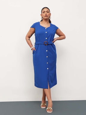 Women Cobalt Blue Button Down Belted Bodycon Midi Dress
