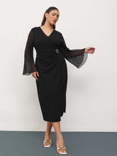 Black Pleated Sleeves Side Ruched Midi Dress-SASSAFRAS Curve