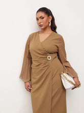 Beige Pleated Sleeves Side Ruched Midi Dress-SASSAFRAS Curve