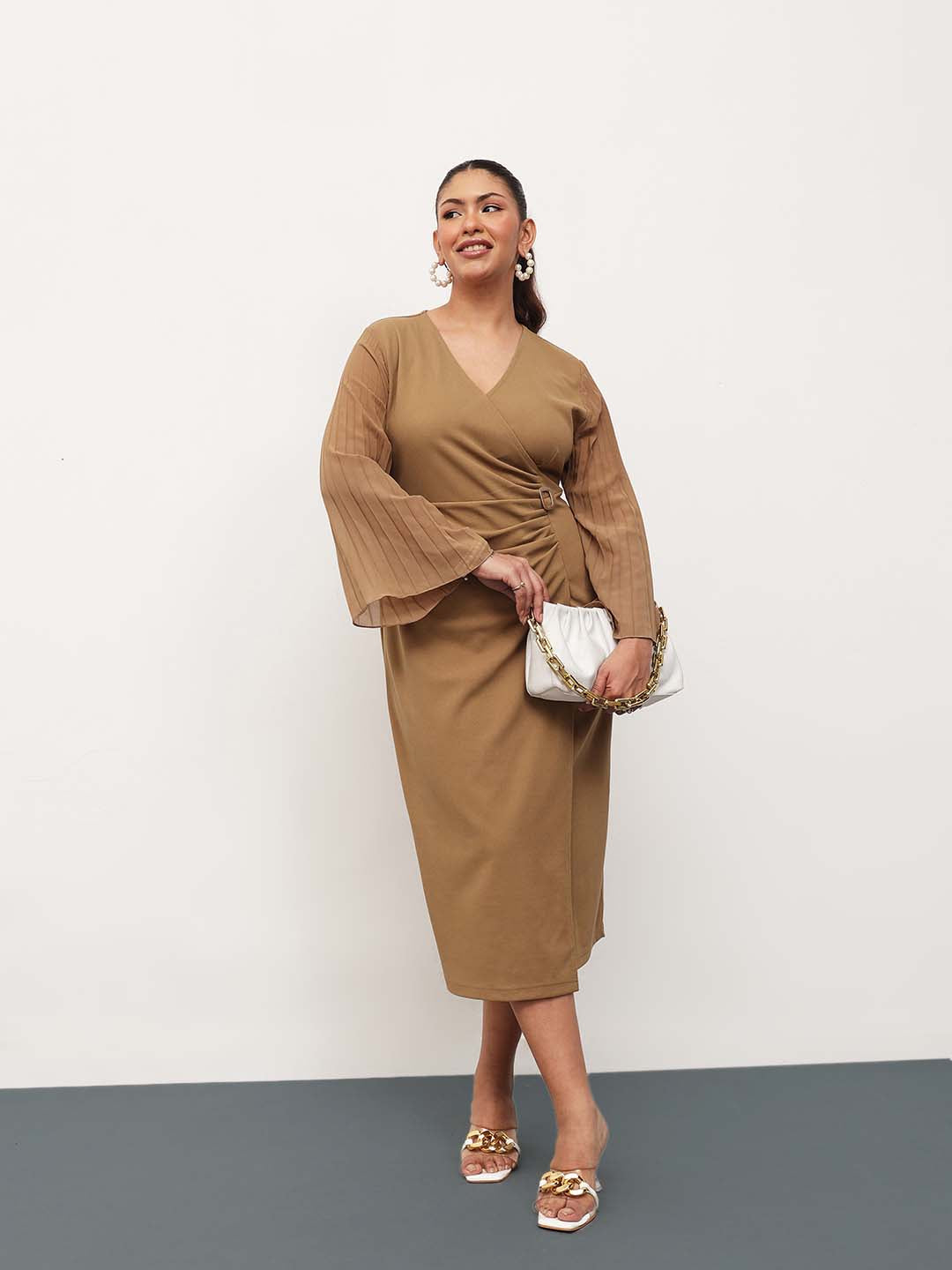 Beige Pleated Sleeves Side Ruched Midi Dress-SASSAFRAS Curve