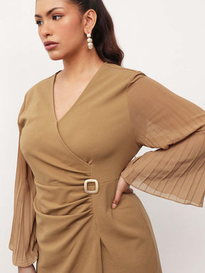 Beige Pleated Sleeves Side Ruched Midi Dress-SASSAFRAS Curve