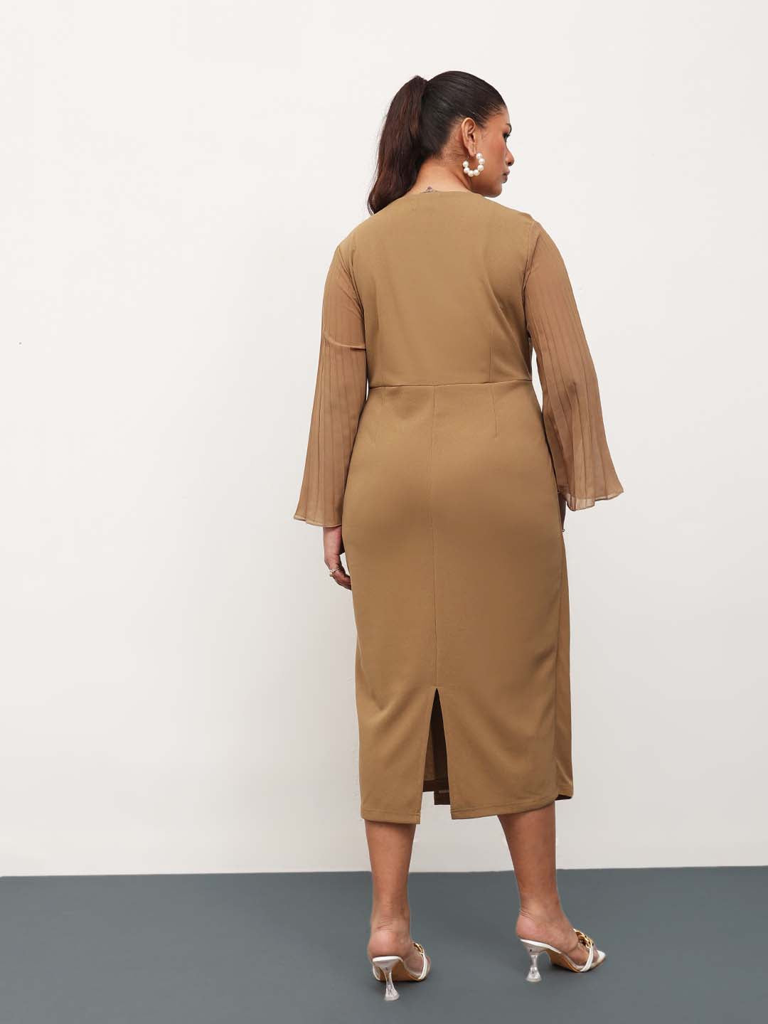 Beige Pleated Sleeves Side Ruched Midi Dress-SASSAFRAS Curve