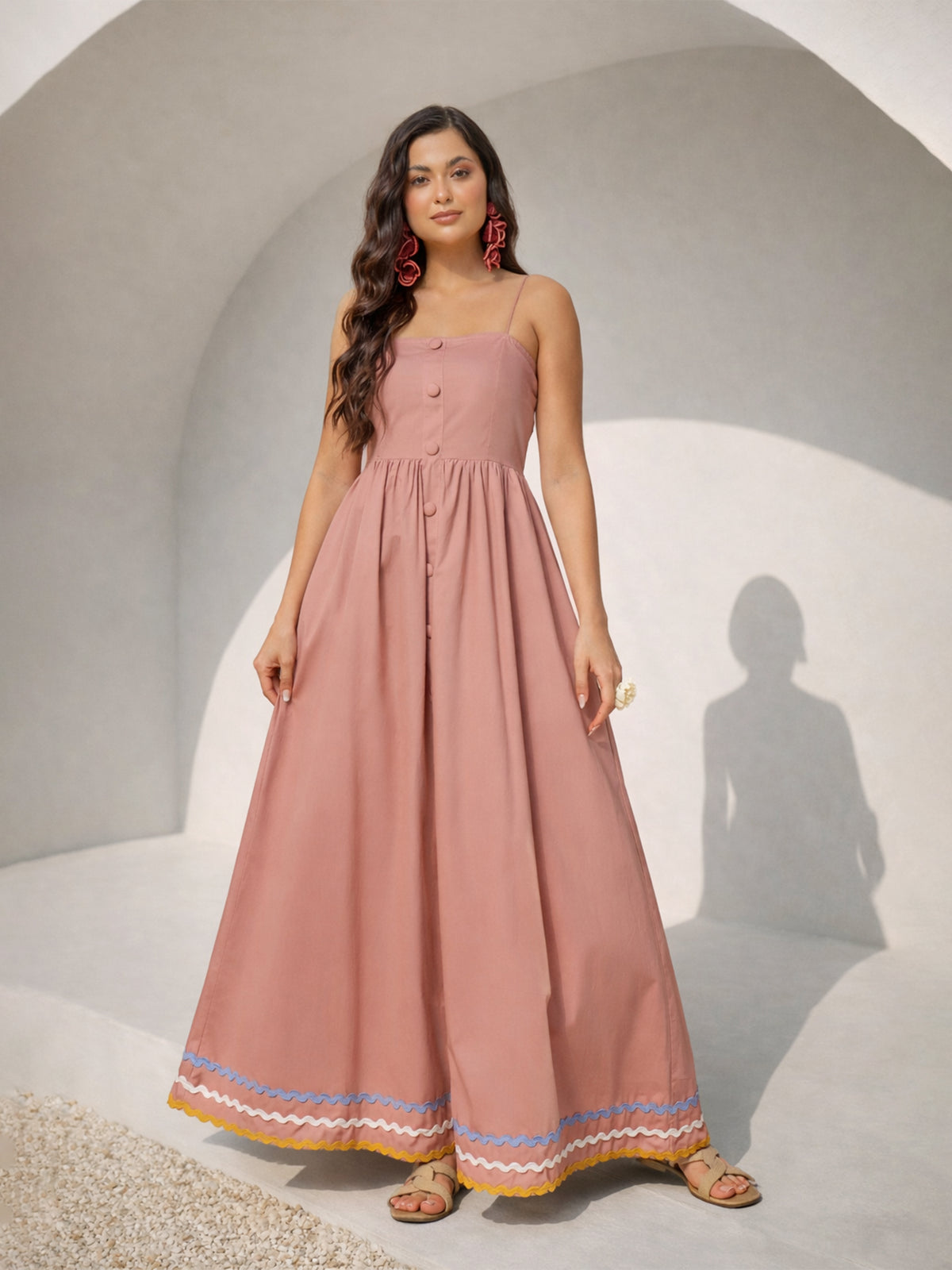 Onion Pink Ric Rac Lace Strappy Maxi Dress-Pink Paprika by SASSAFRAS