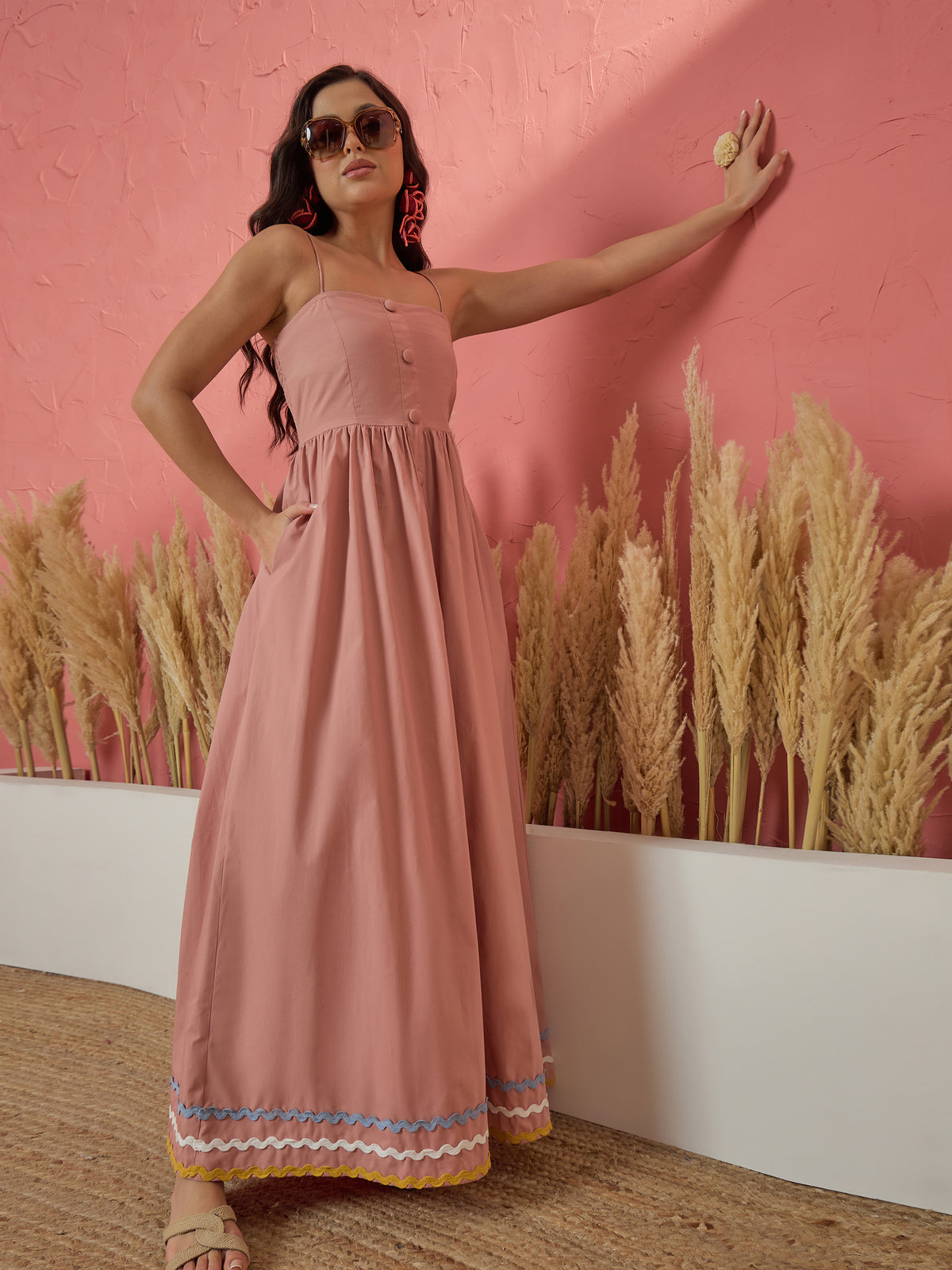 Onion Pink Ric Rac Lace Strappy Maxi Dress-Pink Paprika by SASSAFRAS
