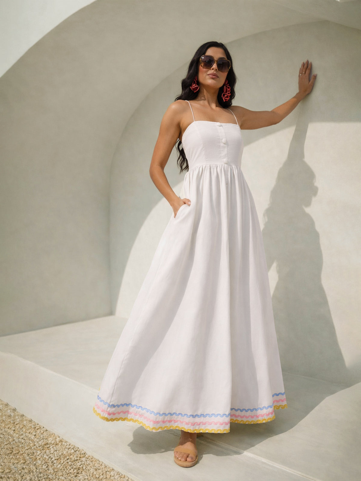 White Ric Rac Lace Strappy Maxi Dress-Pink Paprika by SASSAFRAS