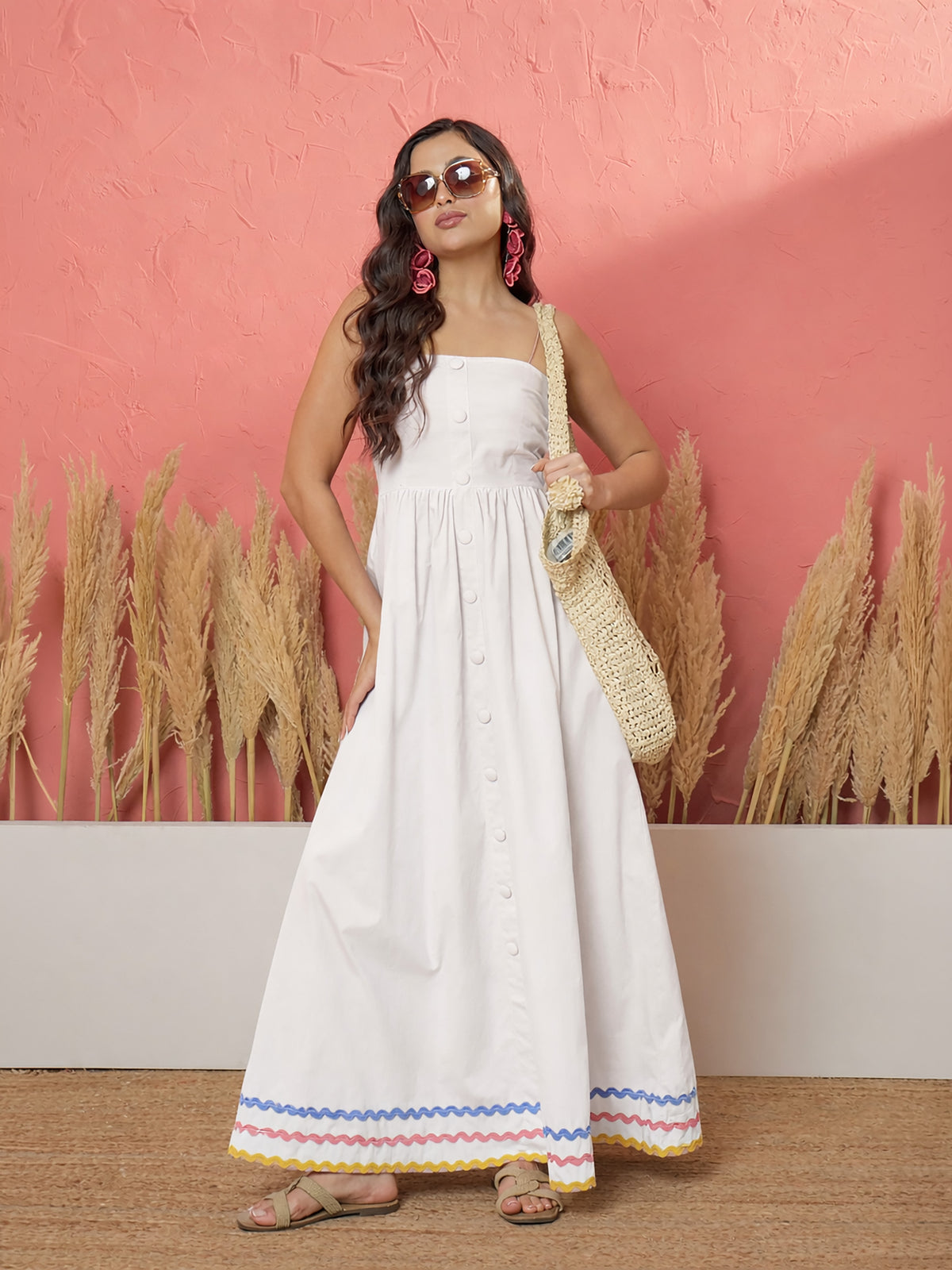 White Ric Rac Lace Strappy Maxi Dress-Pink Paprika by SASSAFRAS