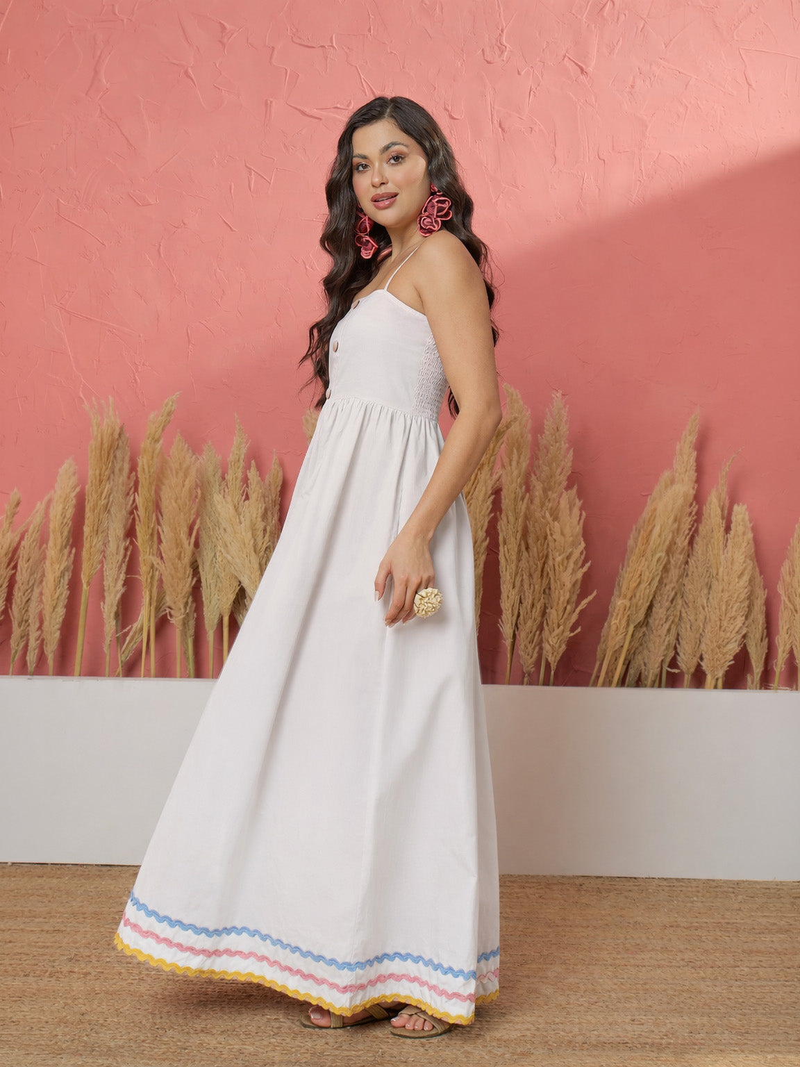 White Ric Rac Lace Strappy Maxi Dress-Pink Paprika by SASSAFRAS