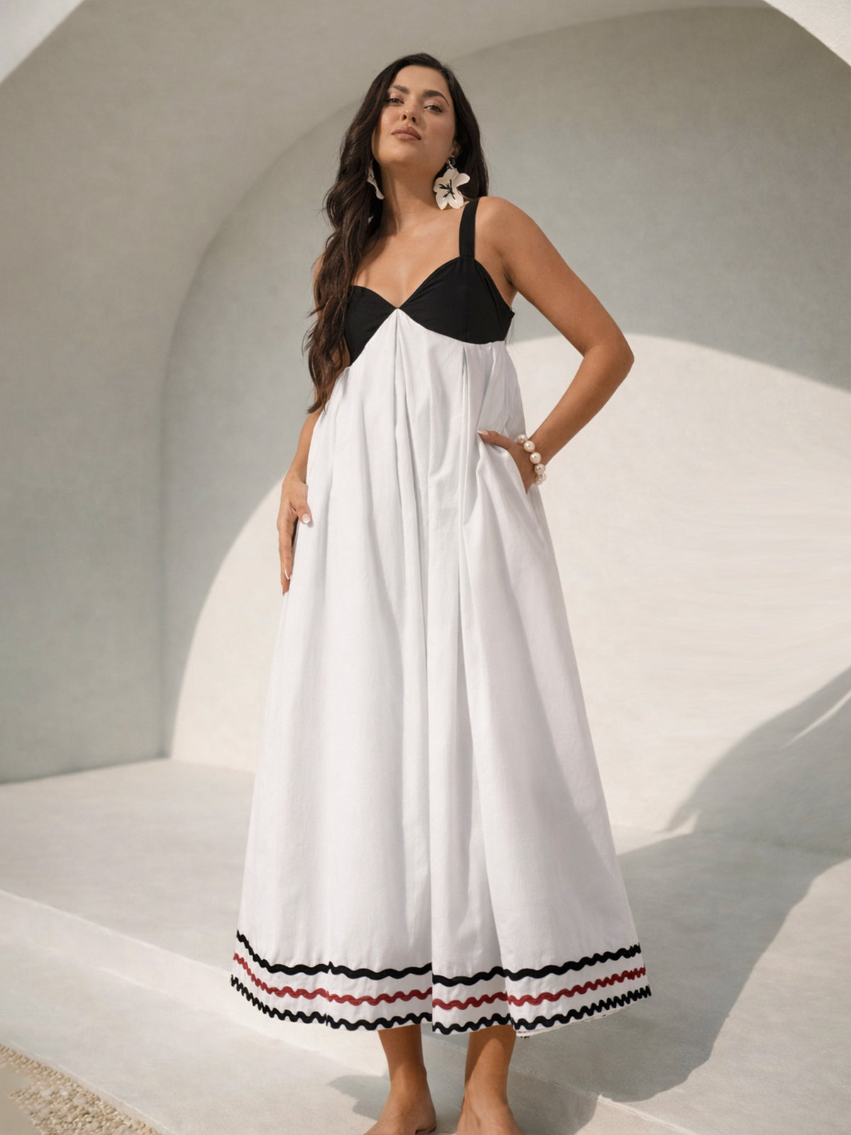 White & Black Ric Rac Lace Strappy Back-Tie Midi Dress-Pink Paprika by SASSAFRAS