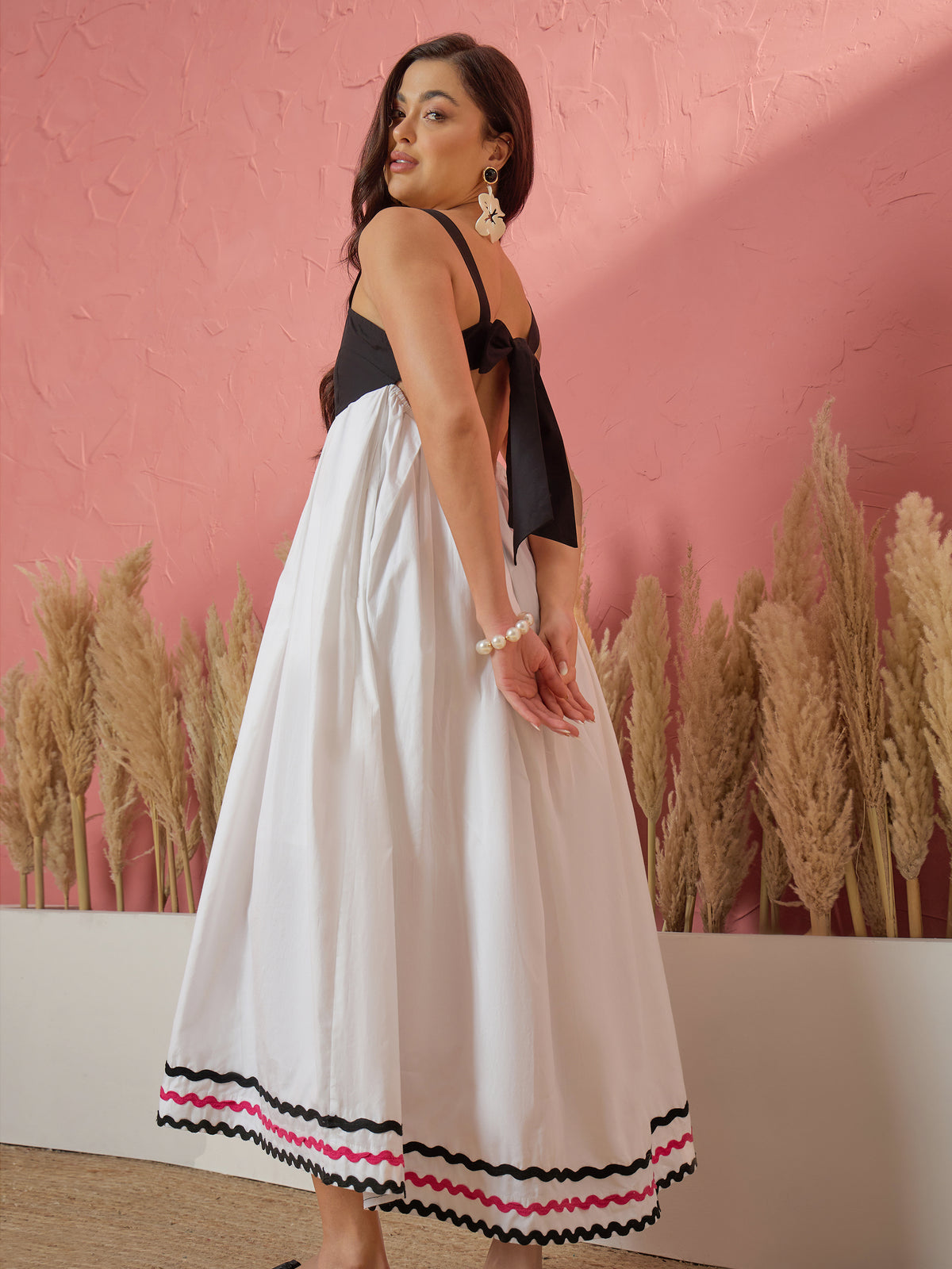 White & Black Ric Rac Lace Strappy Back-Tie Midi Dress-Pink Paprika by SASSAFRAS
