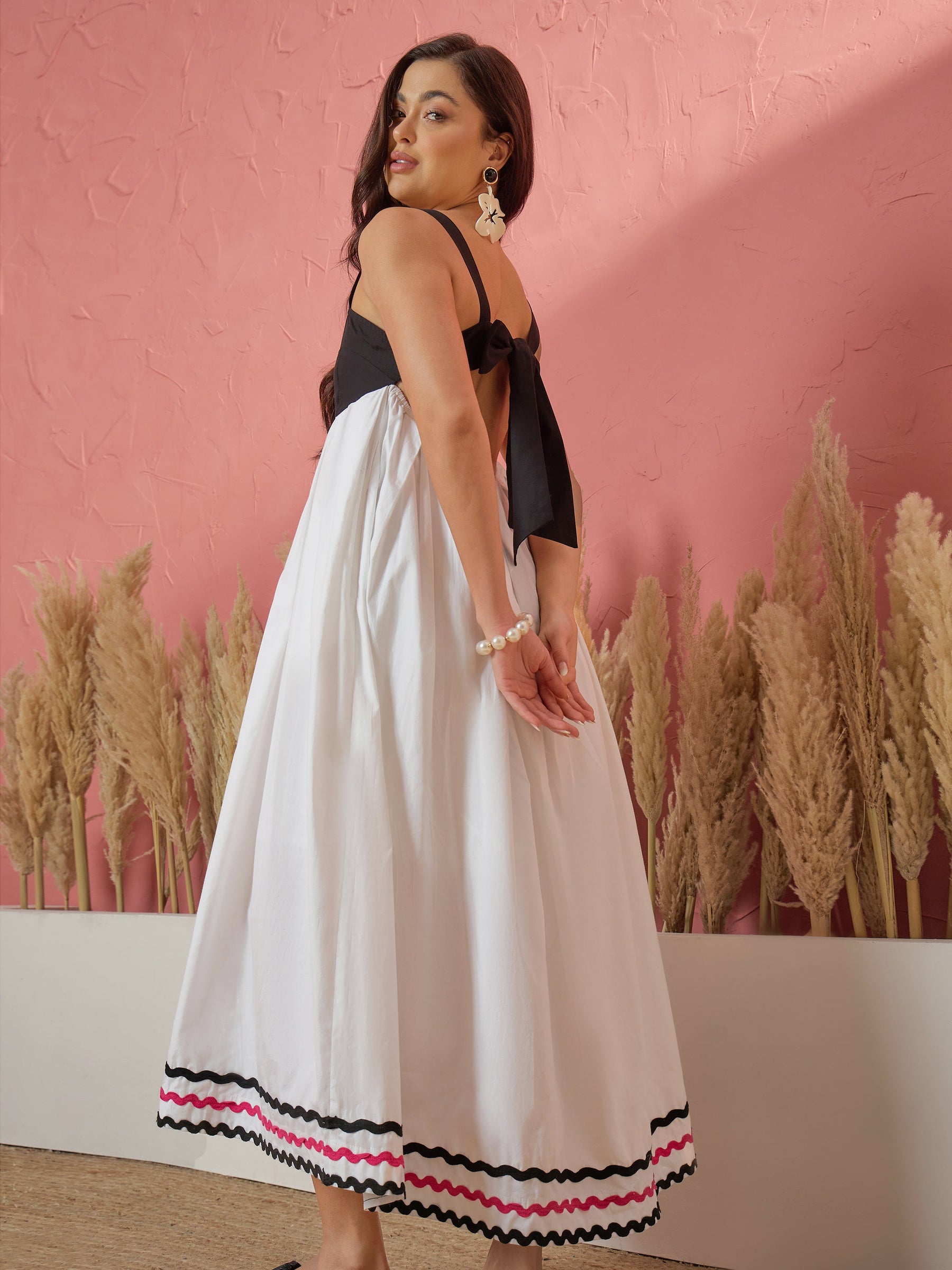 White & Black Ric Rac Lace Strappy Back-Tie Midi Dress-Pink Paprika by SASSAFRAS