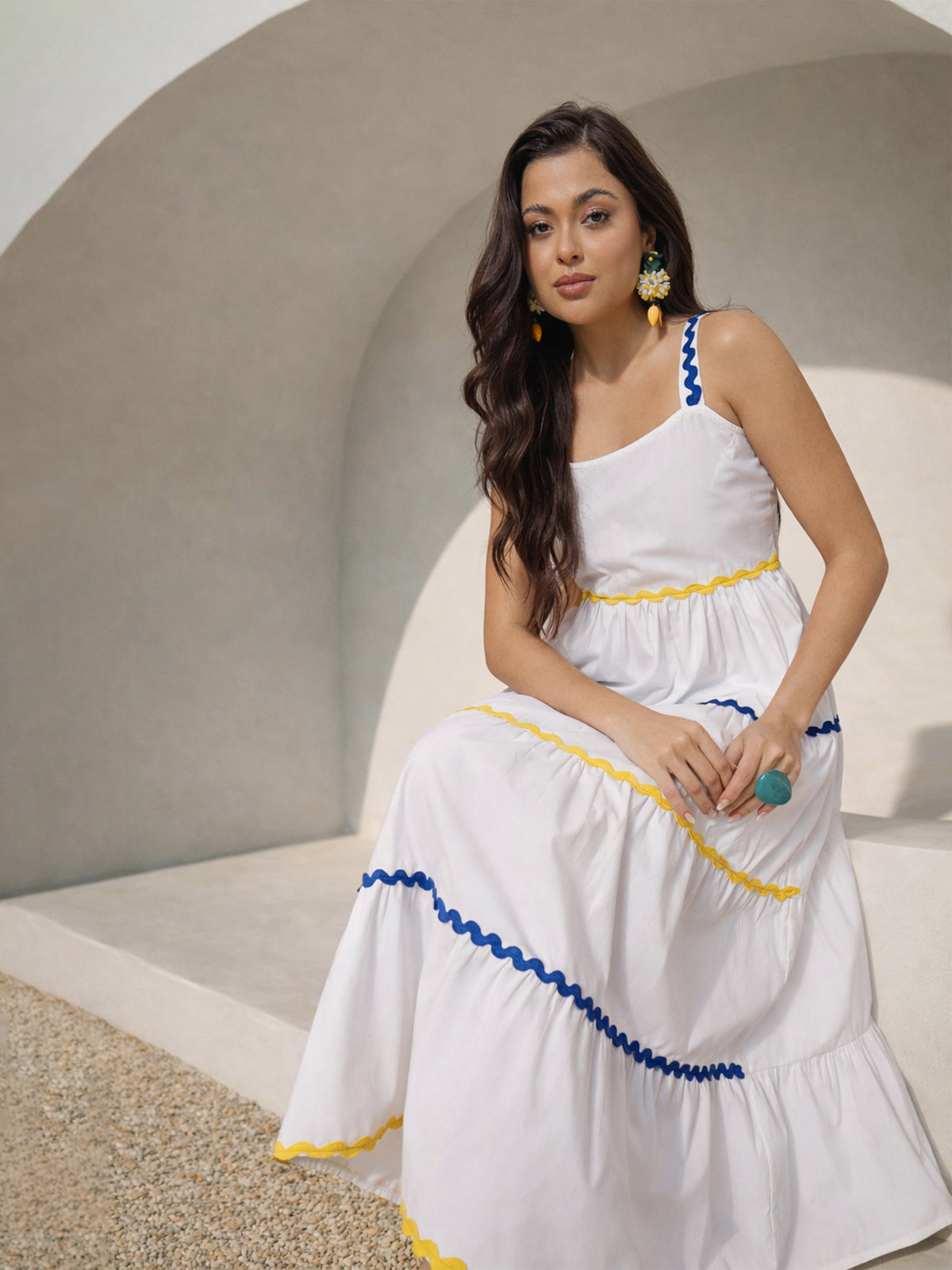 White Ric Rac Lace Strappy Tiered Maxi Dress-Pink Paprika by SASSAFRAS