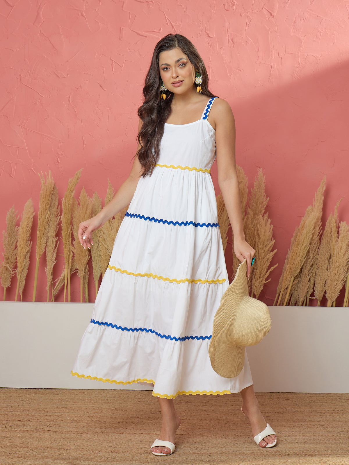 White Ric Rac Lace Strappy Tiered Maxi Dress-Pink Paprika by SASSAFRAS