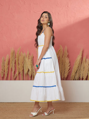 White Ric Rac Lace Strappy Tiered Maxi Dress-Pink Paprika by SASSAFRAS