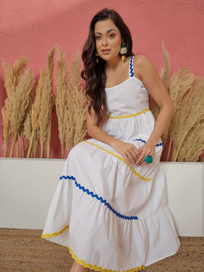 Women White Ric Rac Lace Strappy Tiered Maxi Dress