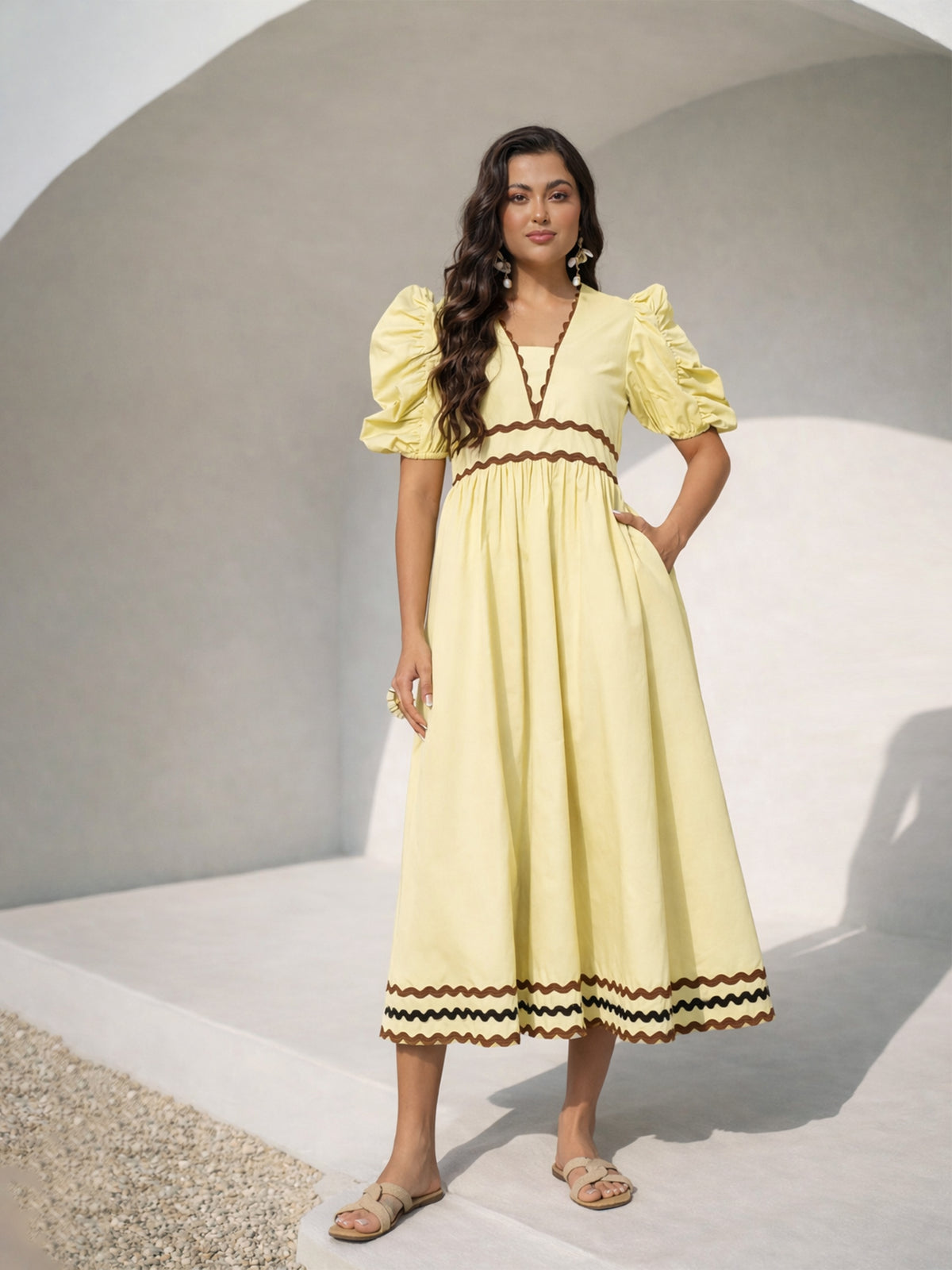 Yellow Ric Rac Lace A-Line Midi Dress-Pink Paprika by SASSAFRAS
