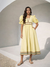 Women Yellow Ric Rac Lace A-Line Midi Dress