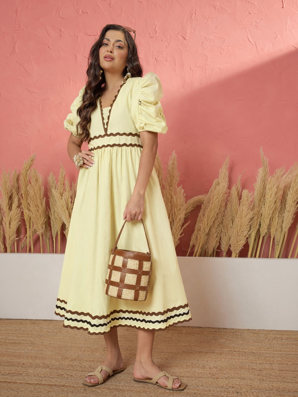 Yellow Ric Rac Lace A-Line Midi Dress-Pink Paprika by SASSAFRAS