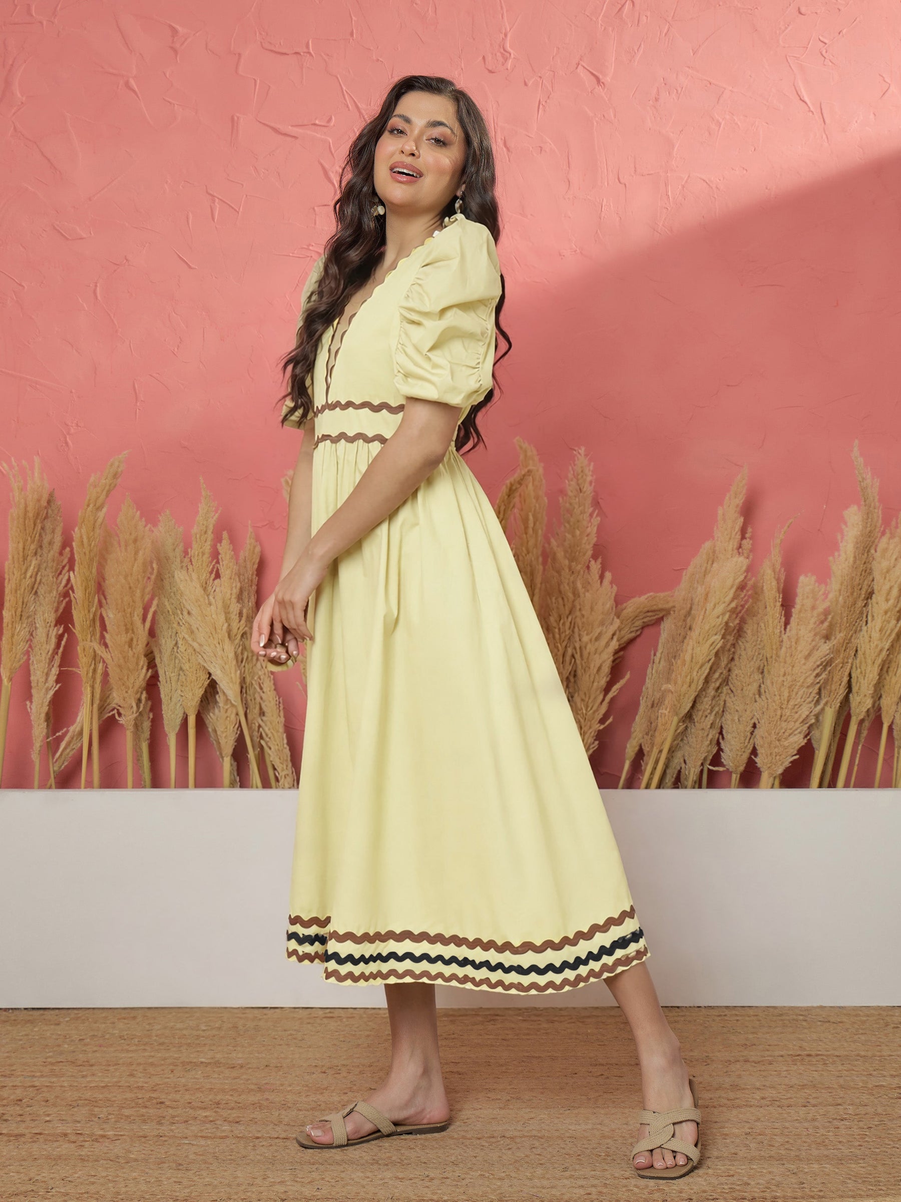 Yellow Ric Rac Lace A-Line Midi Dress-Pink Paprika by SASSAFRAS
