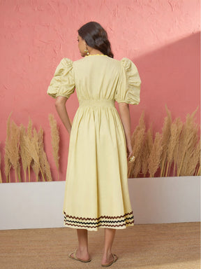Women Yellow Ric Rac Lace A-Line Midi Dress