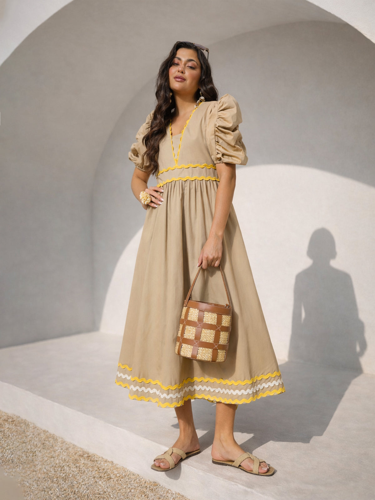Beige Ric Rac Lace A-Line Midi Dress-Pink Paprika by SASSAFRAS