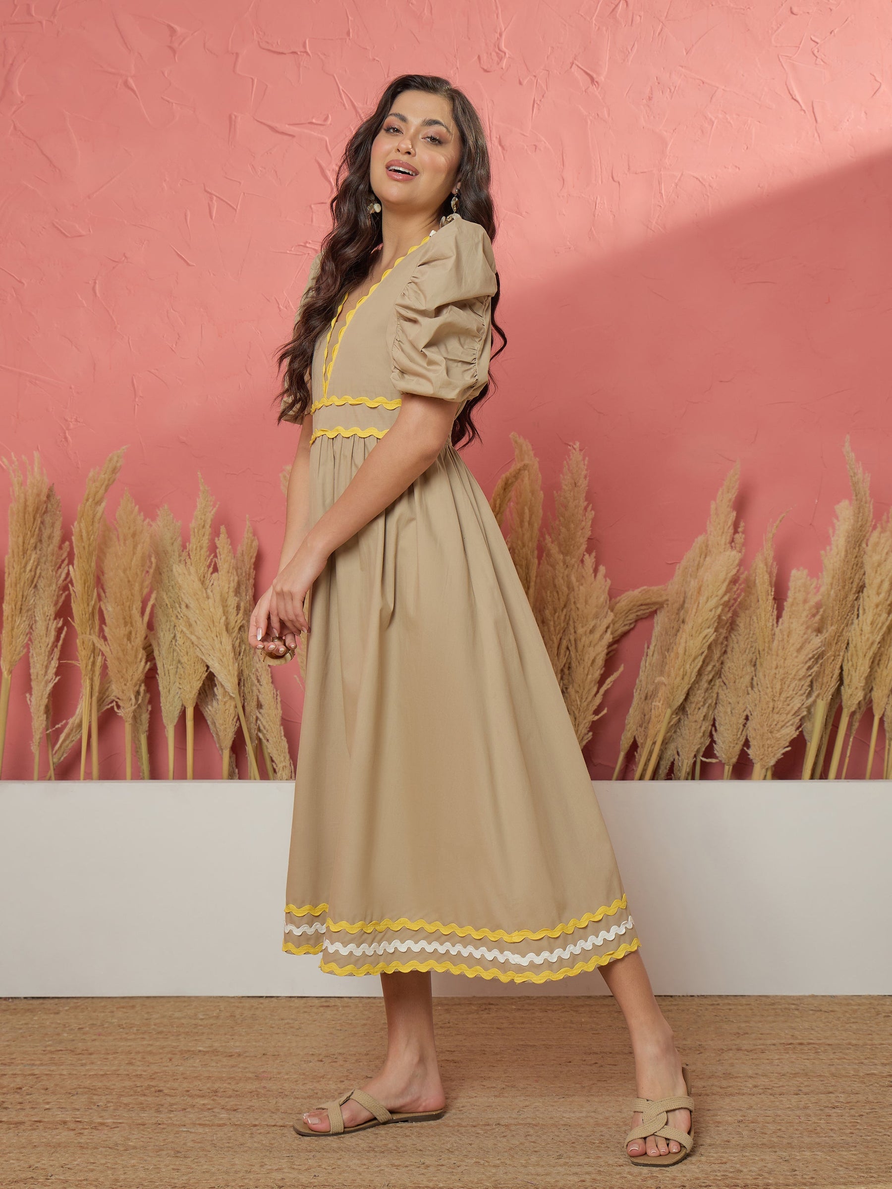 Beige Ric Rac Lace A-Line Midi Dress-Pink Paprika by SASSAFRAS