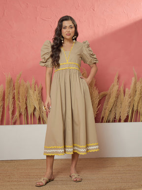 Beige Ric Rac Lace A-Line Midi Dress-Pink Paprika by SASSAFRAS