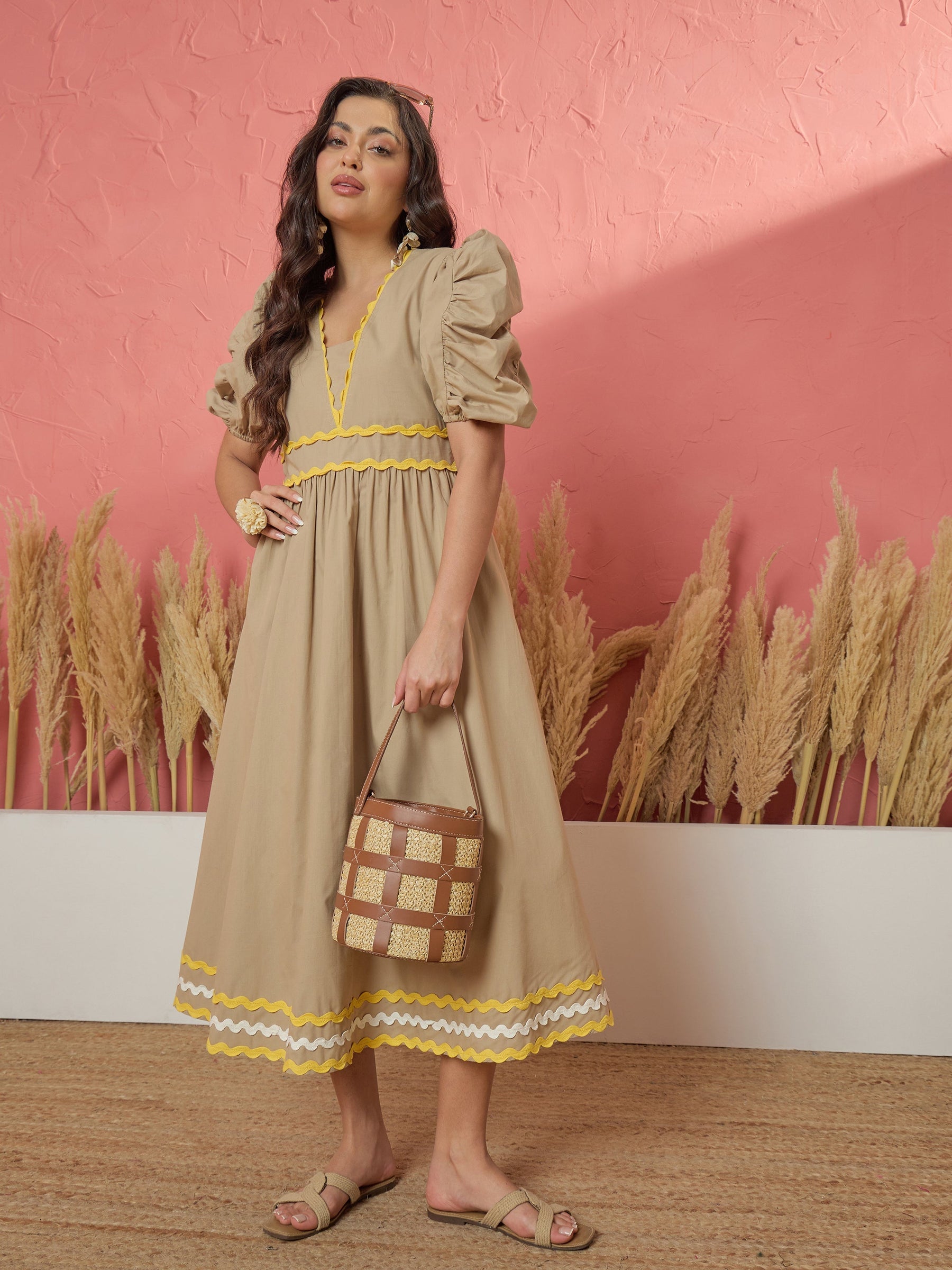 Women Beige Ric Rac Lace A-Line Midi Dress