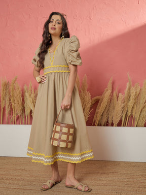 Women Beige Ric Rac Lace A-Line Midi Dress