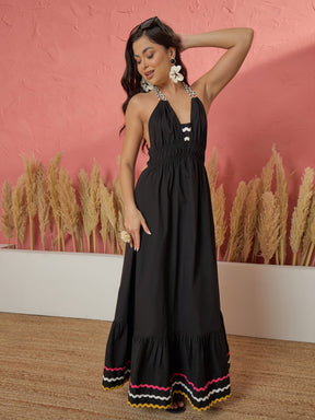 Women Black Ric Rac Lace Strappy Flared Hem Maxi Dress