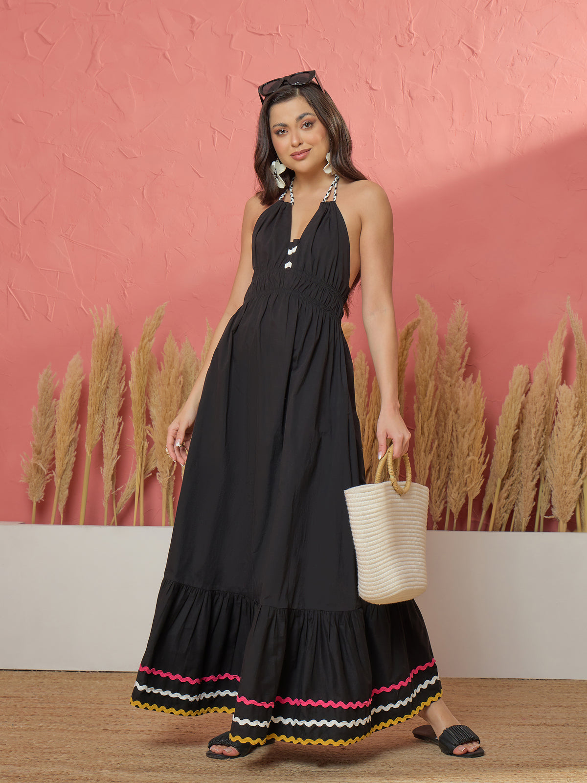 Black Ric Rac Lace Strappy Flared Hem Maxi Dress-Pink Paprika by SASSAFRAS