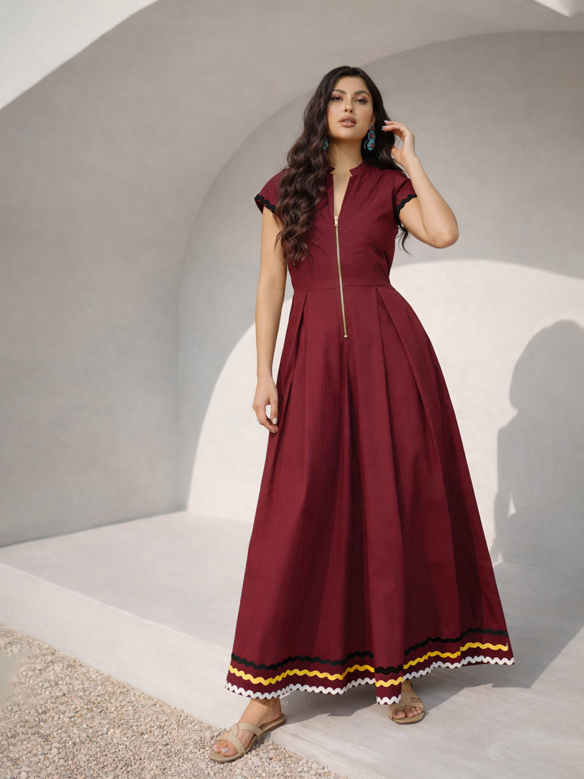Maroon Ric Rac Lace Front Zipper A-Line Maxi Dress-Pink Paprika by SASSAFRAS