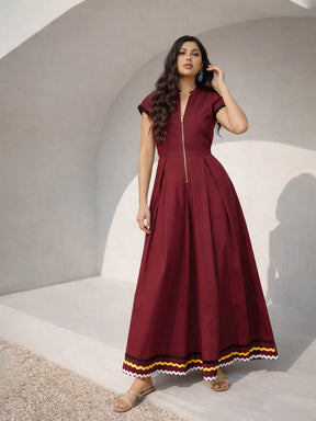 Maroon Ric Rac Lace Front Zipper A-Line Maxi Dress-Pink Paprika by SASSAFRAS