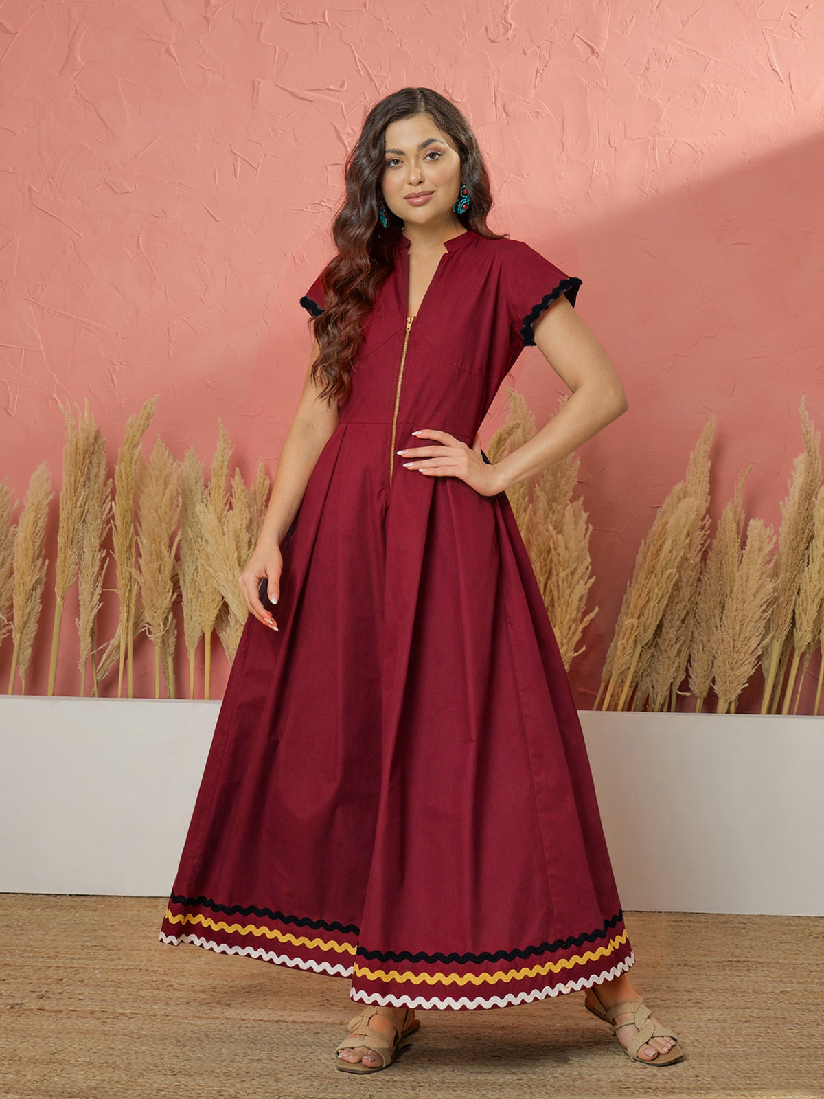 Maroon Ric Rac Lace Front Zipper A-Line Maxi Dress-Pink Paprika by SASSAFRAS