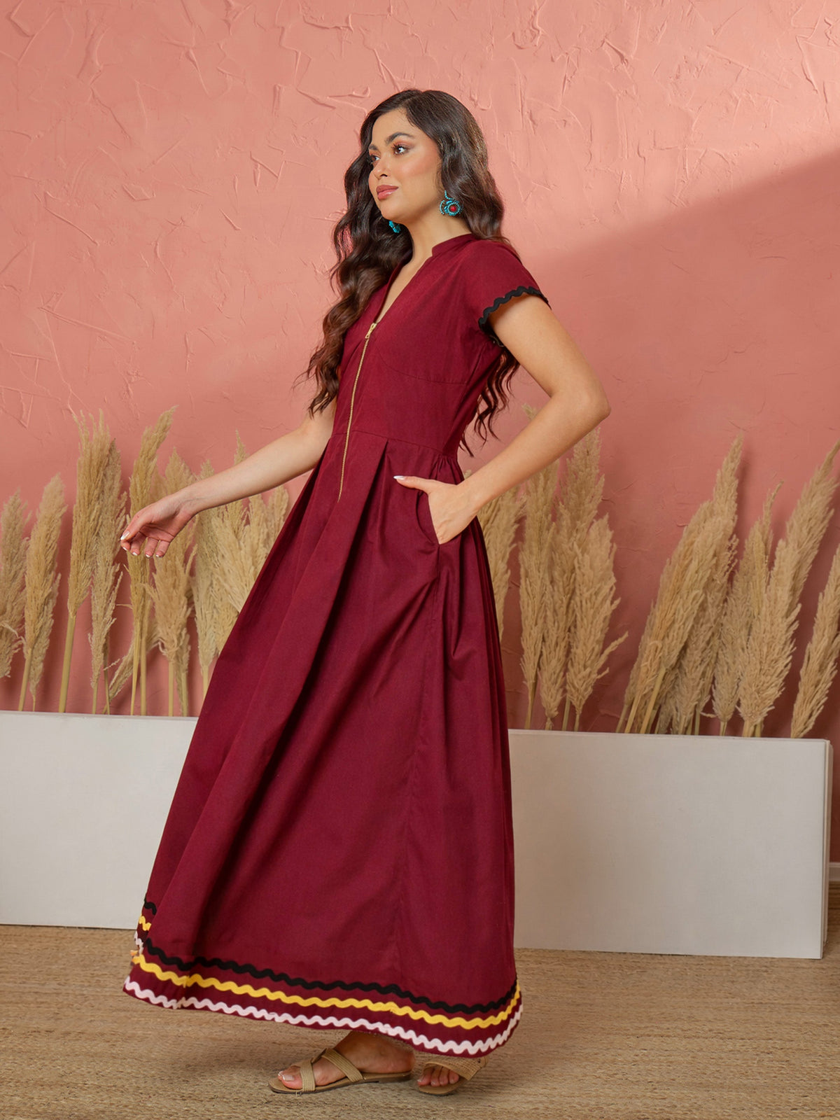 Maroon Ric Rac Lace Front Zipper A-Line Maxi Dress-Pink Paprika by SASSAFRAS