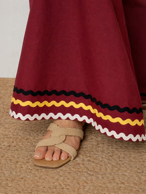 Maroon Ric Rac Lace Front Zipper A-Line Maxi Dress-Pink Paprika by SASSAFRAS