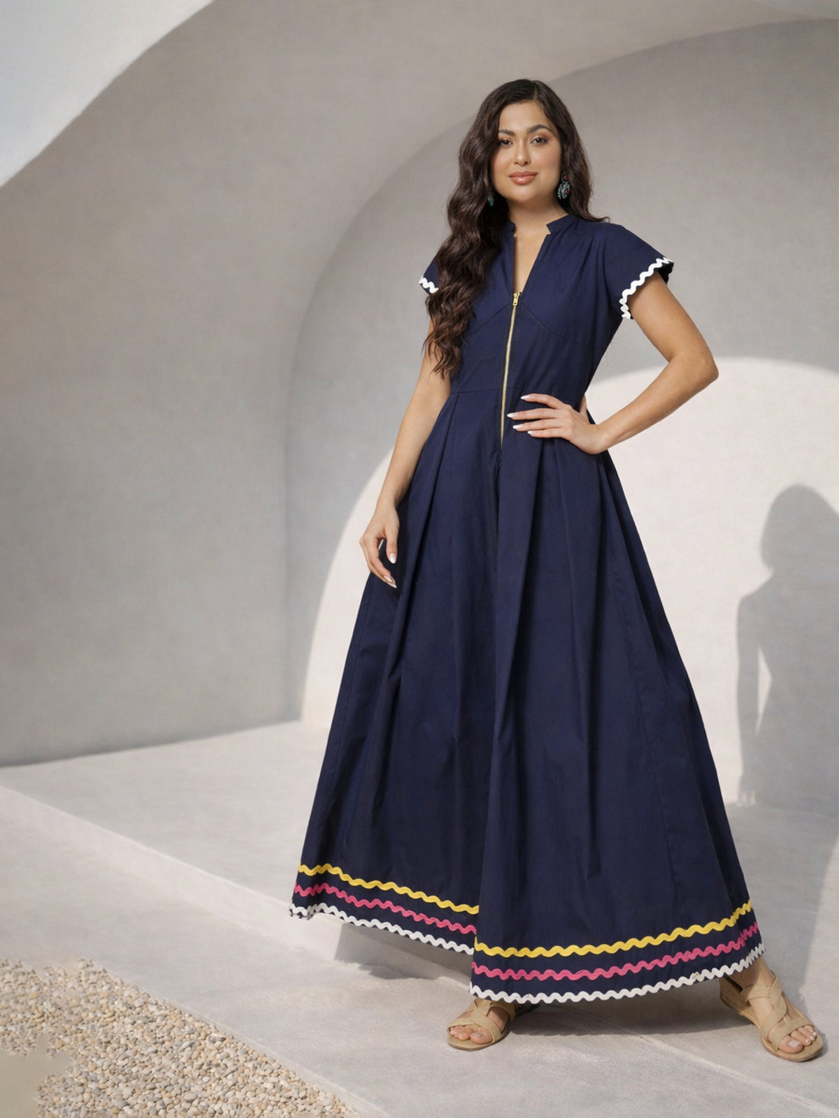 Navy Ric Rac Lace Front Zipper A-Line Maxi Dress-Pink Paprika by SASSAFRAS