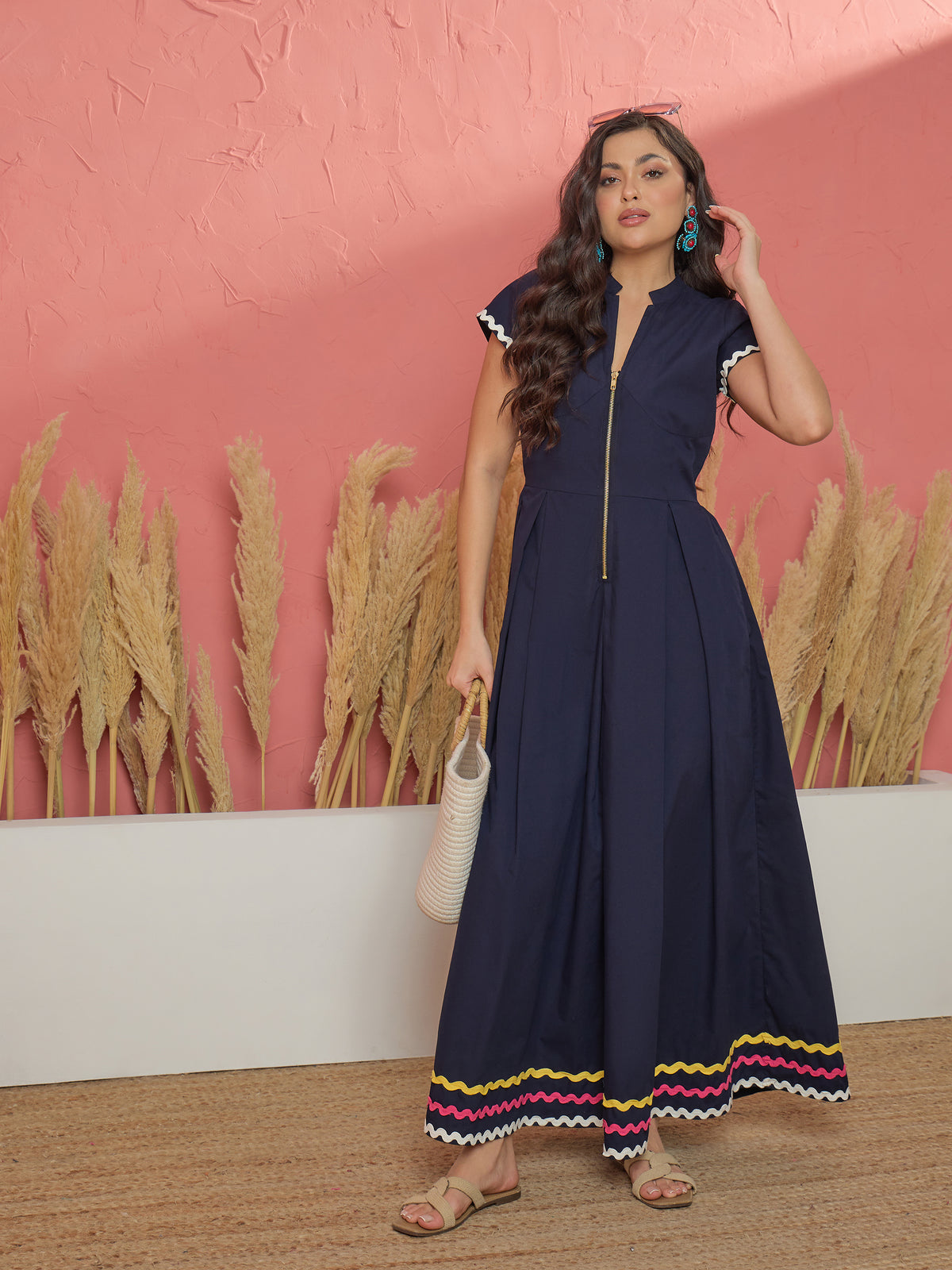Navy Ric Rac Lace Front Zipper A-Line Maxi Dress-Pink Paprika by SASSAFRAS