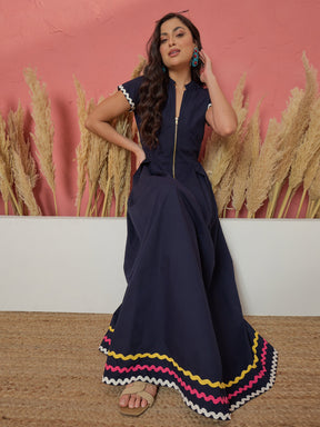 Navy Ric Rac Lace Front Zipper A-Line Maxi Dress-Pink Paprika by SASSAFRAS