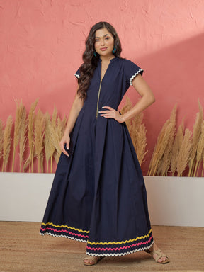 Women Navy Ric Rac Lace Front Zipper A-Line Maxi Dress