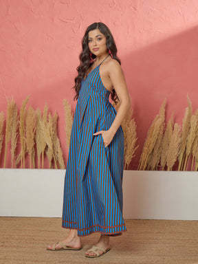 Blue & Brown Stripe Ric Rac Lace Halter Neck Midi Dress-Pink Paprika by SASSAFRAS